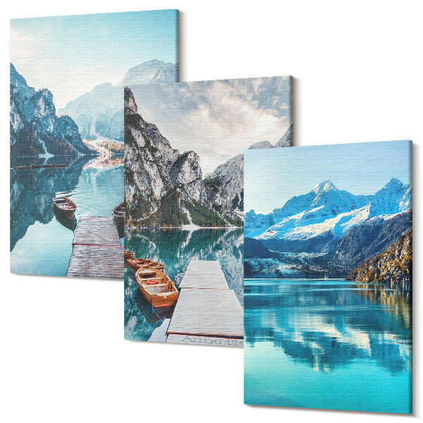 Tablou 3 piese Lacuri de munte cu bărci și reflexii în apă