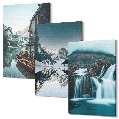 Set tablouri canvas triptic Peisaje montane cu o cascadă și un lac