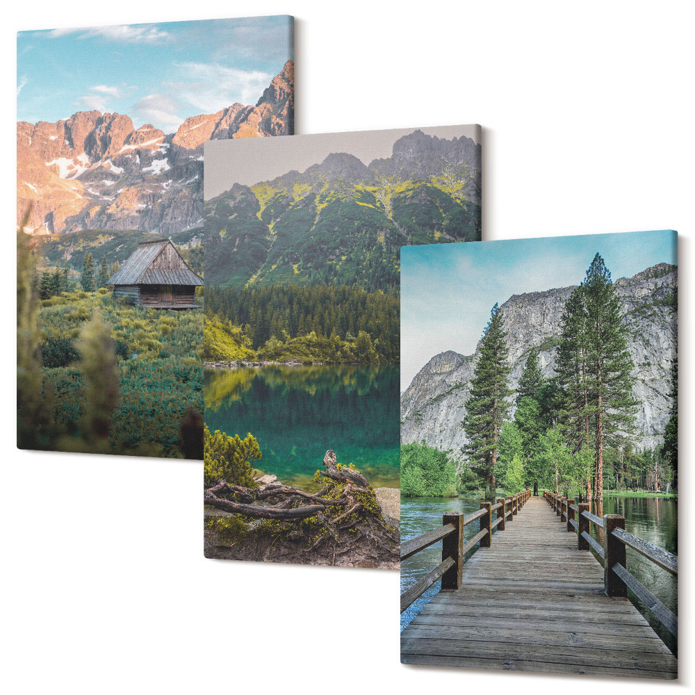 Tablou 3 piese Peisaje montane cu un lac și un dig de lemn
