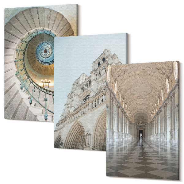 Set tablouri canvas triptic Scara în spirală a catedralei, vedere la fațada clădirii și un coridor cu gresie