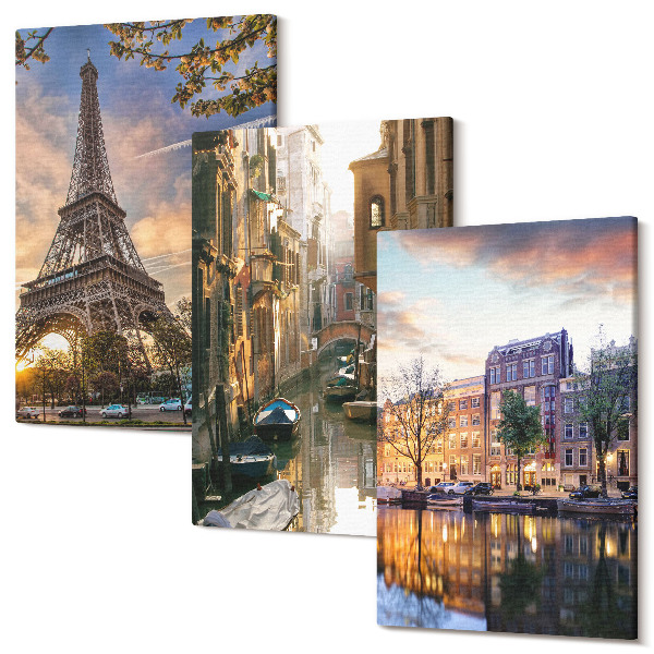 Tablou canvas set triptic Turnul Eiffel, canalele Veneției și străzile din Amsterdam