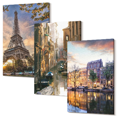 Tablou canvas set triptic Turnul Eiffel, canalele Veneției și străzile din Amsterdam