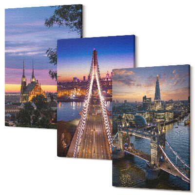 Tablou canvas set triptic Vederi la oraș cu poduri și apusuri