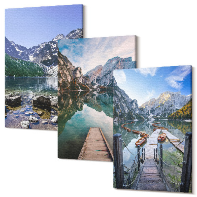 Tablou 3 piese Munți, lacuri și poduri de lemn peste apă