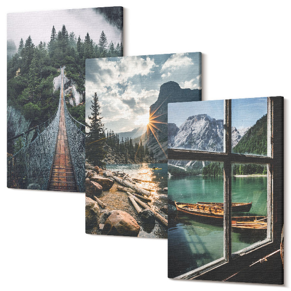 Set tablouri canvas triptic Pod în lacul pădure cu bărci vedere la munte