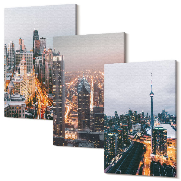 Set tablouri canvas triptic Vedere nocturnă la oraș cu zgârie-nori și lumini