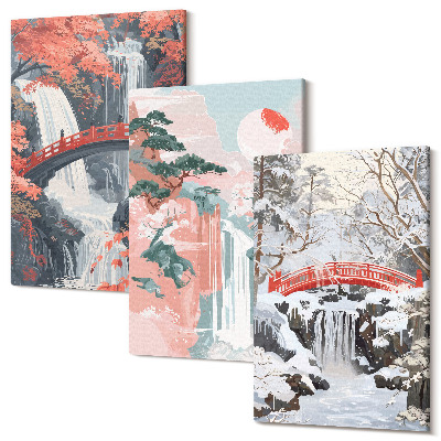 Tablou 3 piese Cascade in diferite anotimpuri cu poduri si copaci