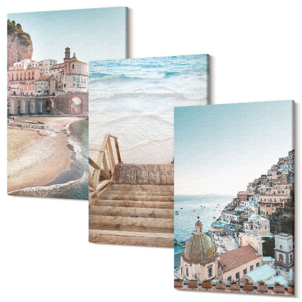 Set tablouri canvas triptic Vederi pastelate de vară cu arhitectură pe malul mării și plajă