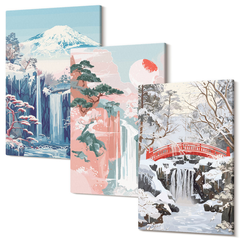 Tablou canvas set triptic Peisaje montane și cascade în diferite anotimpuri