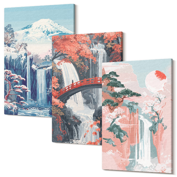 Tablou 3 piese Cascade munți cu un pod și copaci înfloriți