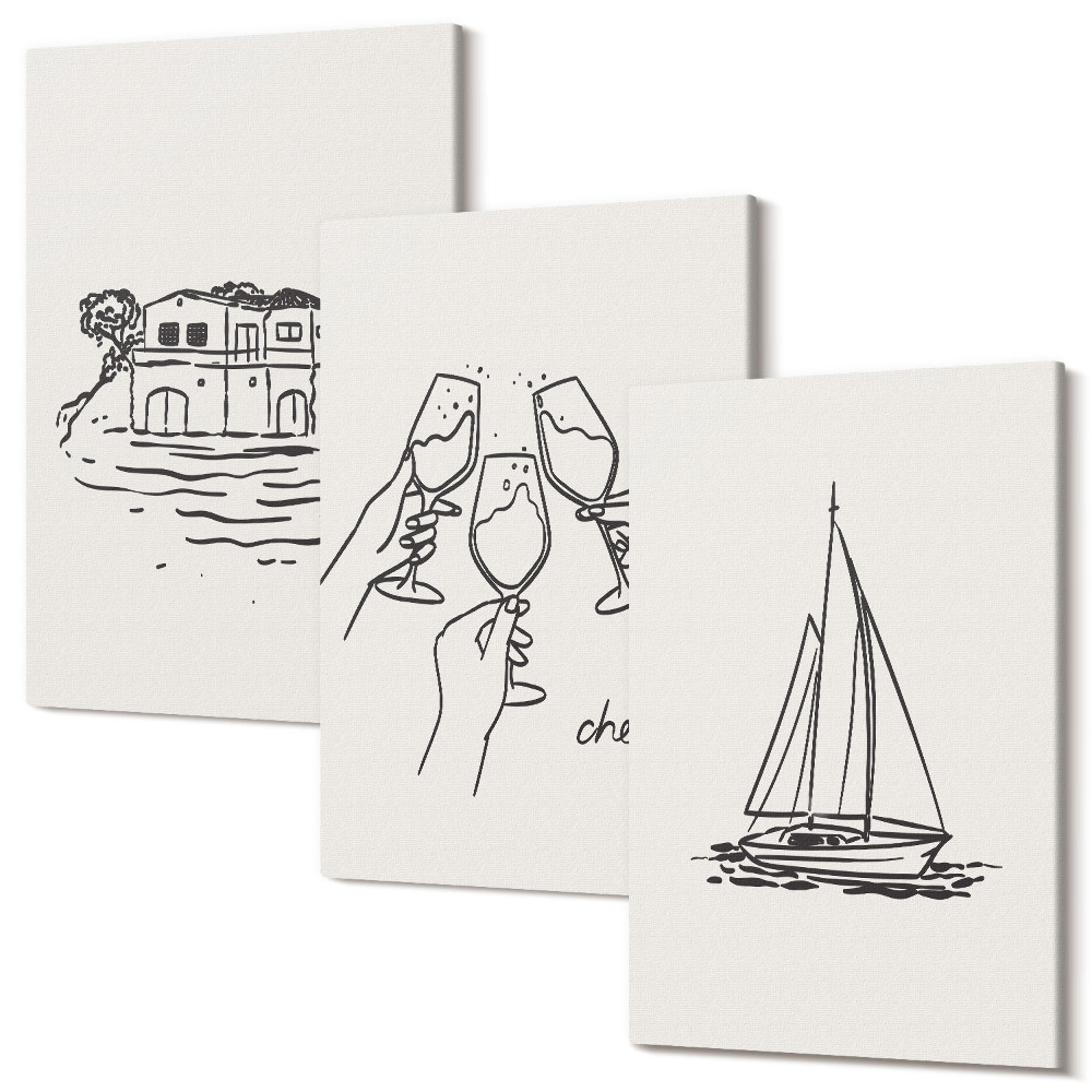 Tablou canvas set triptic Vederi spre casă lângă apă, toast cu pahare, barca cu pânze