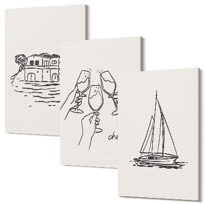 Tablou canvas set triptic Vederi spre casă lângă apă, toast cu pahare, barca cu pânze