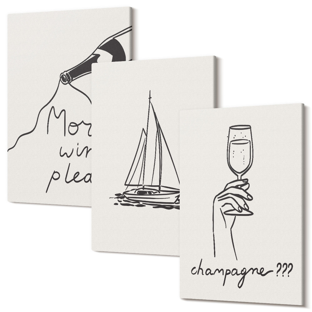 Tablou 3 piese Vin barca cu pânze pahar de șampanie stil liniar