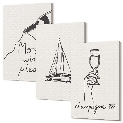 Tablou 3 piese Vin barca cu pânze pahar de șampanie stil liniar