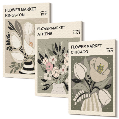 Tablou 3 piese Aranjamente florale în stil retro din diverse orașe