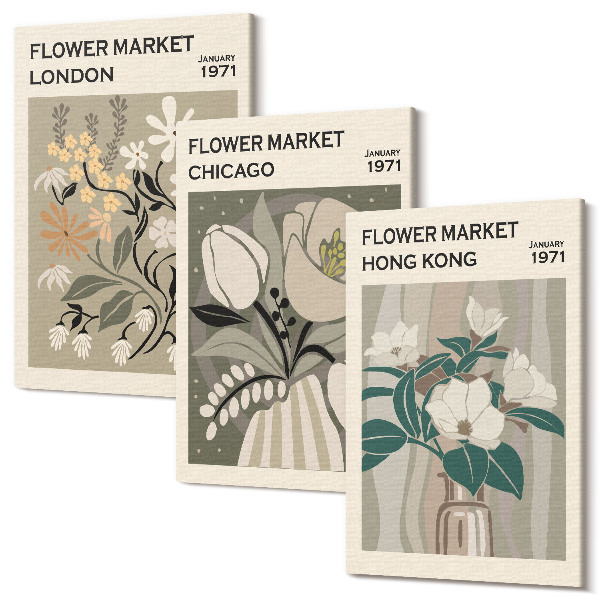 Set tablouri canvas triptic Piețele de flori din Londra, Chicago și Hong Kong