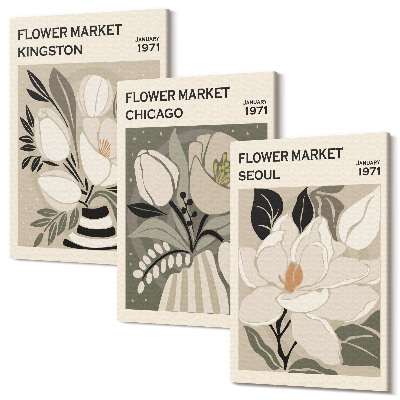 Tablou canvas set triptic Flori de pe piețele Kingston, Chicago și Seul în stil retro