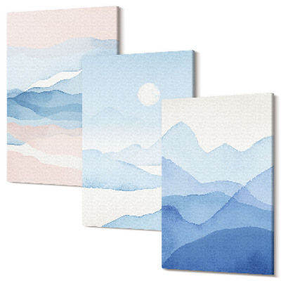 Set tablouri canvas triptic Peisaje montane albastre si roz in acuarela