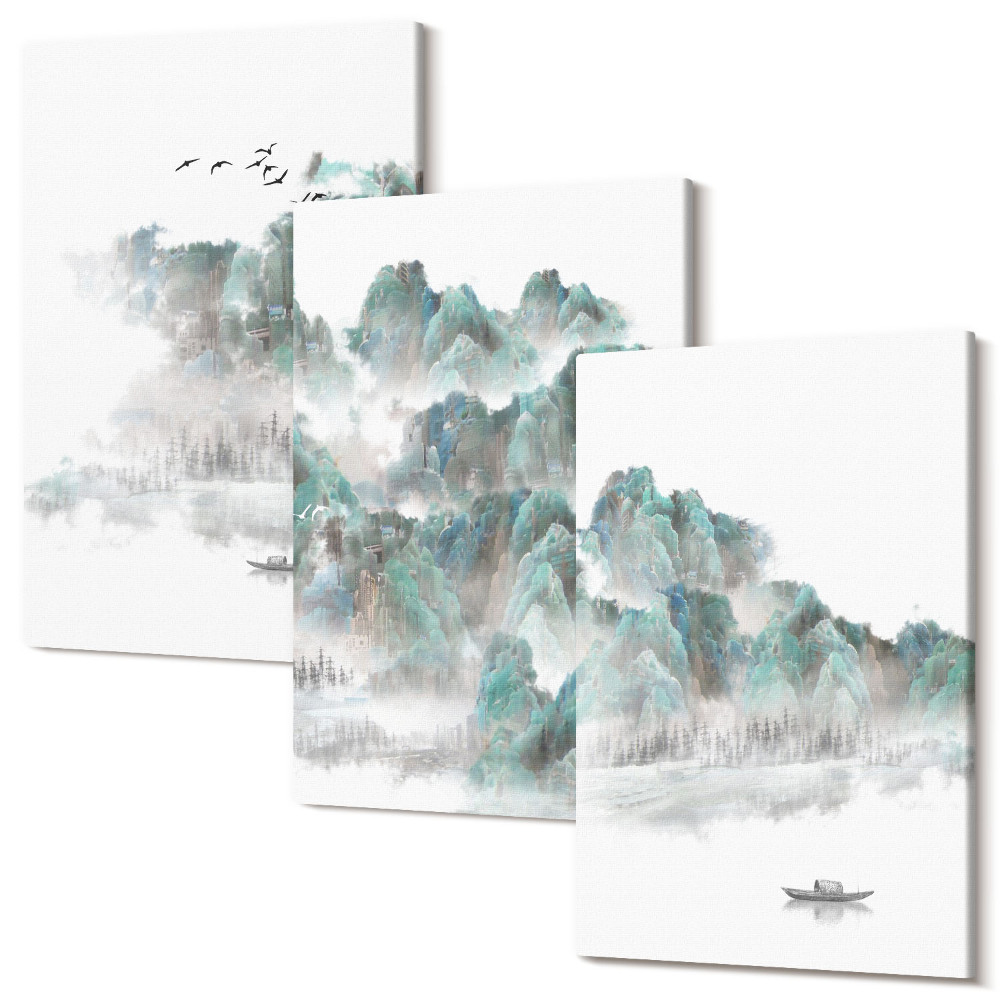 Tablou 3 piese Munți în nori cu păsări și o barcă pe apă japandi