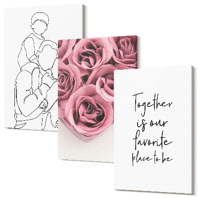 Tablou 3 piese Family lineart buchete de trandafiri inscripție acasă