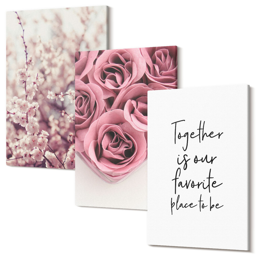 Set tablouri canvas triptic Flori și buchete de trandafiri cu o inscripție de casă