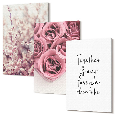 Set tablouri canvas triptic Flori și buchete de trandafiri cu o inscripție de casă