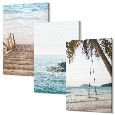 Set tablouri canvas triptic Scări către plajă, vedere la mare și leagăn cu palmieri