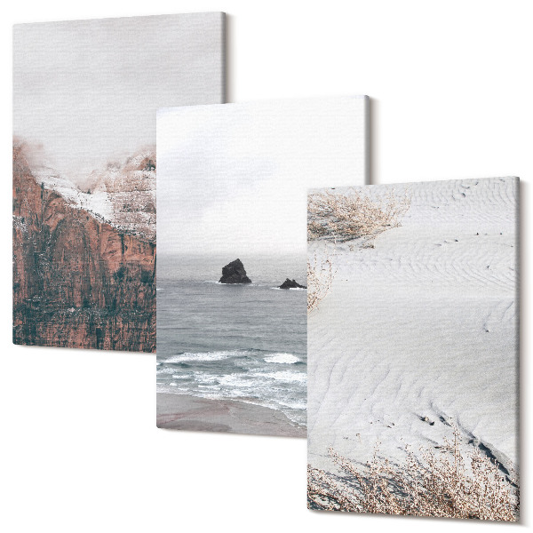 Tablou 3 piese Munți, nori, mare și nisip în nuanțe naturale
