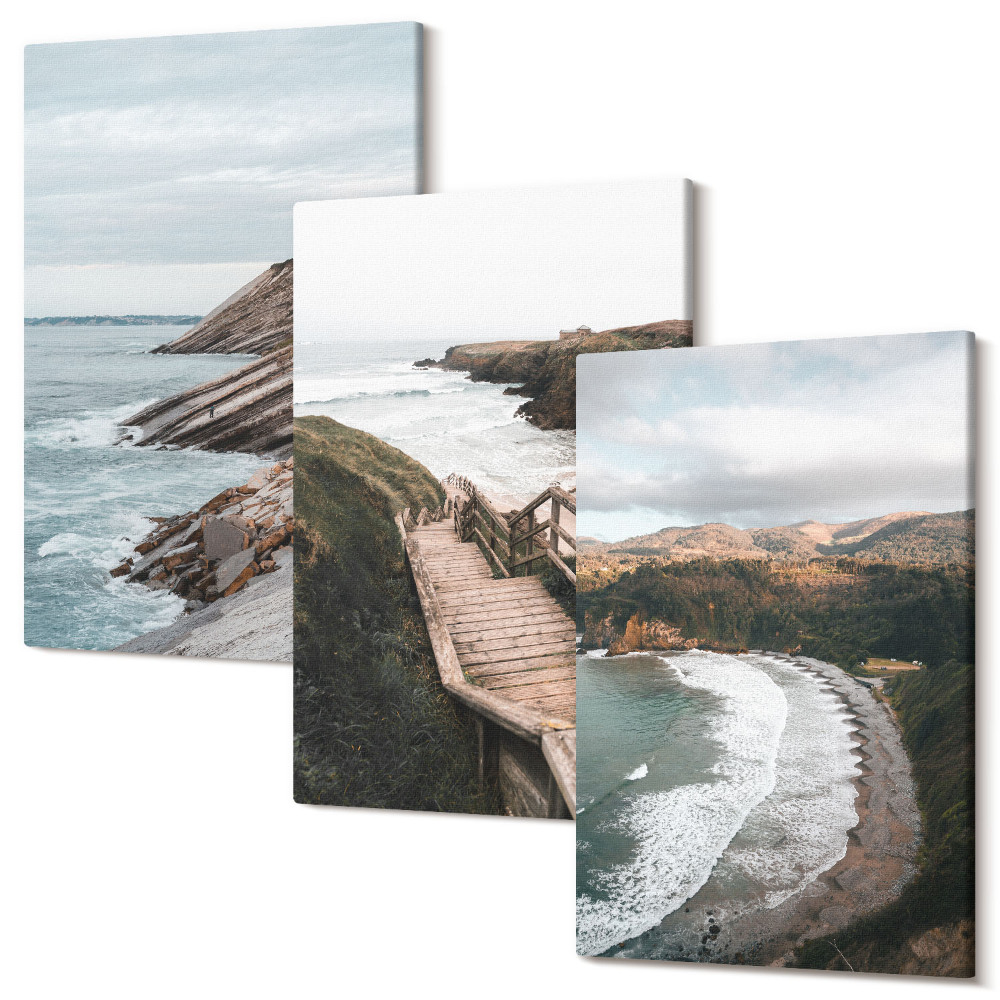 Set tablouri canvas triptic Vederi la malul mării cu stânci și peisaje de plajă