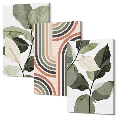 Set tablouri canvas triptic Motive vegetale cu modele geometrice în nuanțe de verde