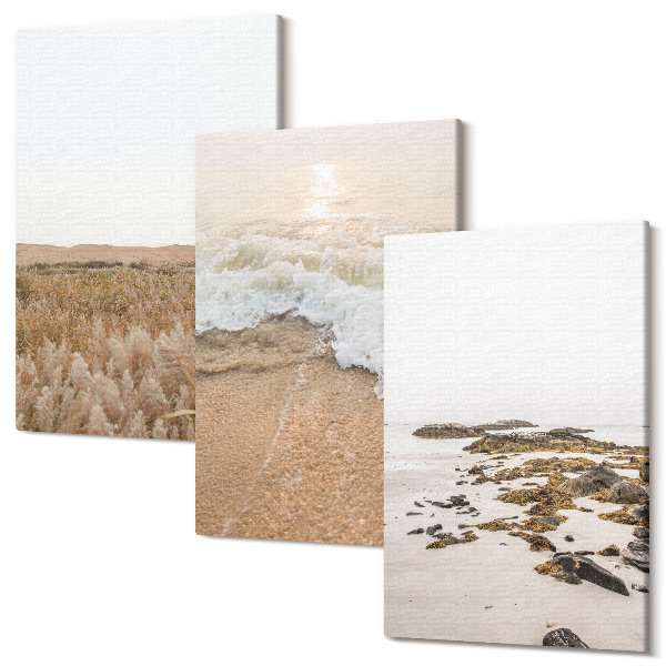 Tablou canvas set triptic Plaja cu valuri si pietre de mare vara