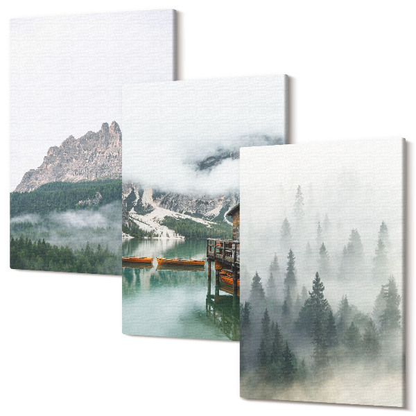 Set tablouri canvas triptic Munți, lac, cabană și ceață în pădure