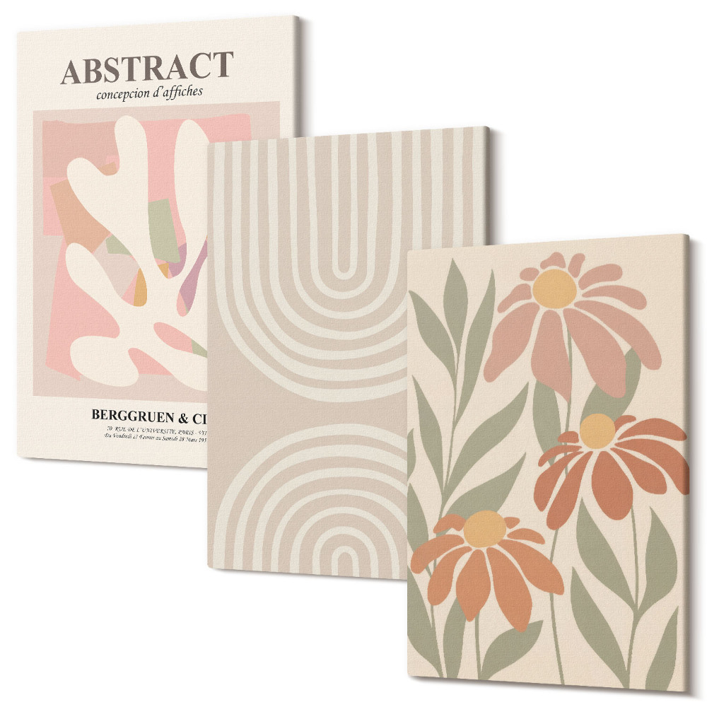 Tablou canvas set triptic Forme abstracte cu motive vegetale în pasteluri