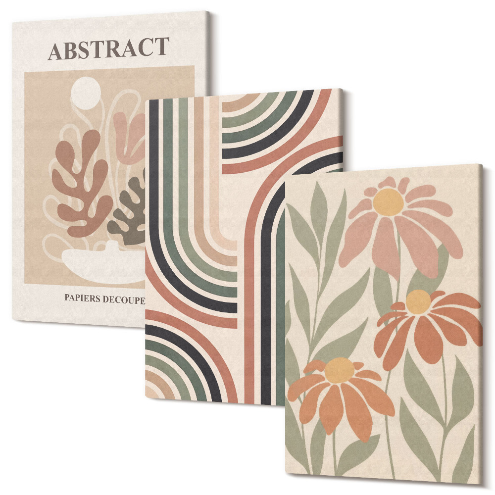 Set tablouri canvas triptic Plante și modele abstracte în culori pastelate