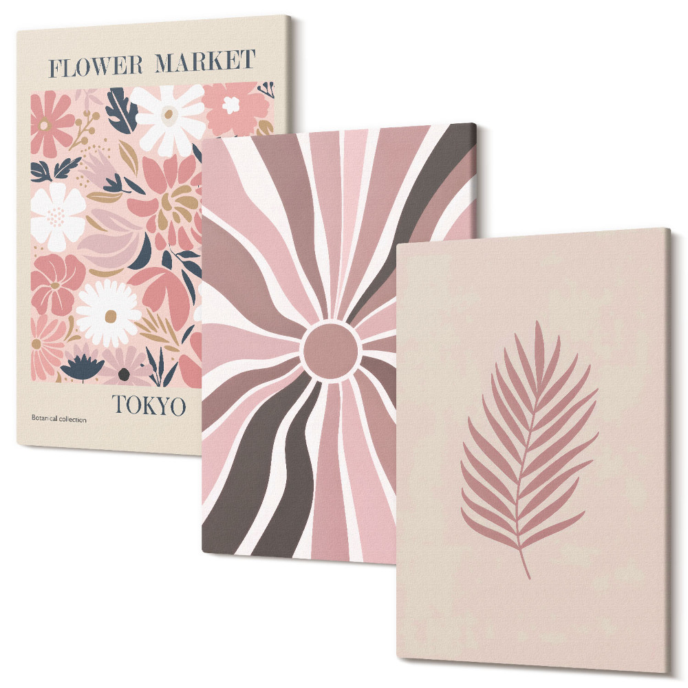 Tablou 3 piese Modele florale cu frunze și forme geometrice