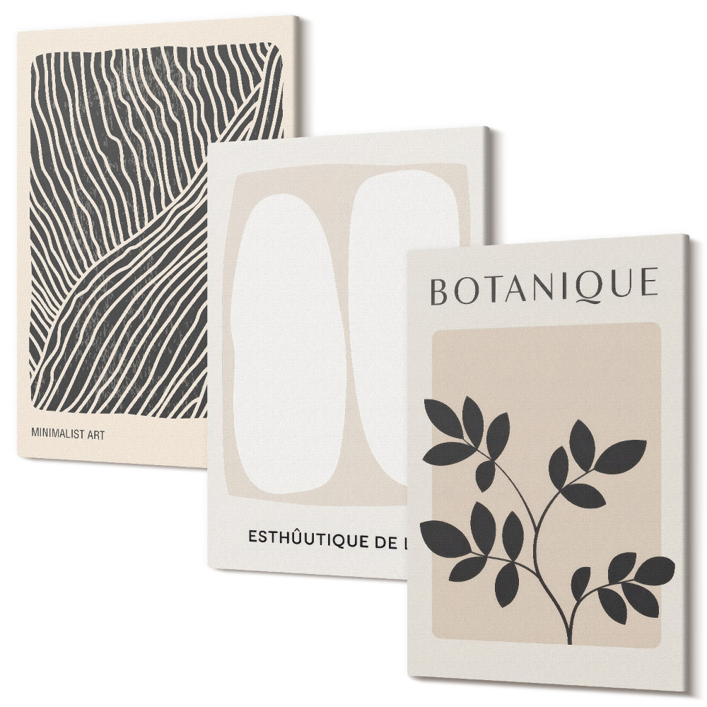 Set tablouri canvas triptic Modele florale și linii minimaliste în culori neutre
