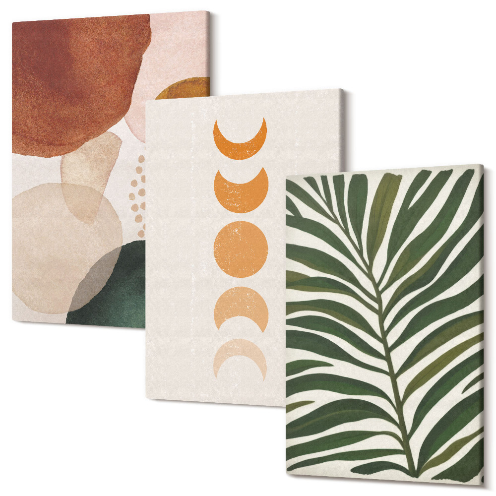 Tablou 3 piese Forme abstracte în culori calde și frunze