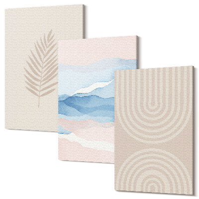 Tablou 3 piese Frunze și valuri în nuanțe de bej și albastru