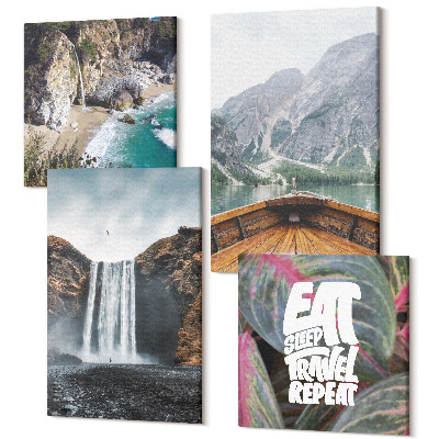 Tablouri multicanvas 4 piese Cascada munților călătorește natură cu barca și vegetație