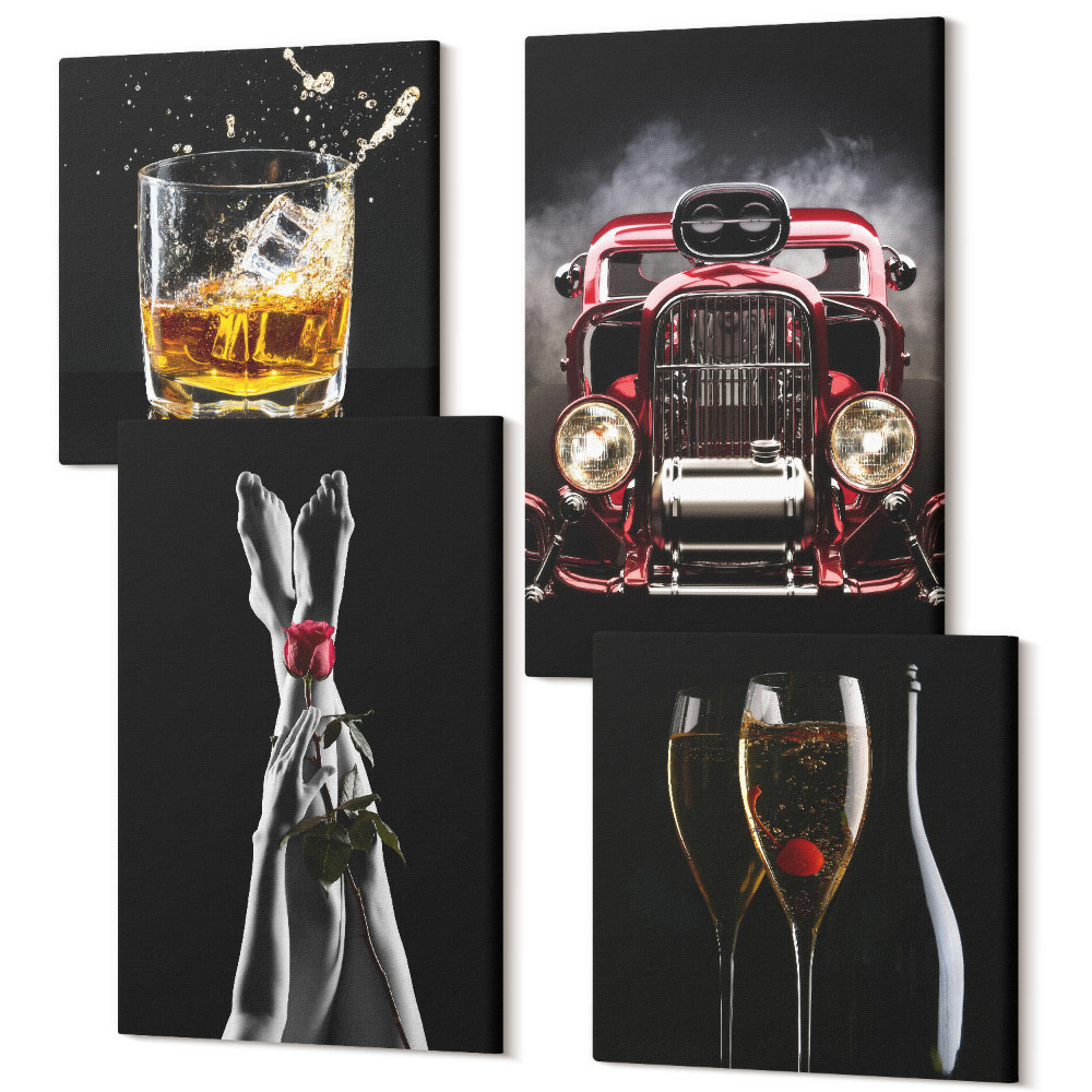 Tablou 4 piese Picioare de femeie cu trandafir, mașină veche, vin, whisky