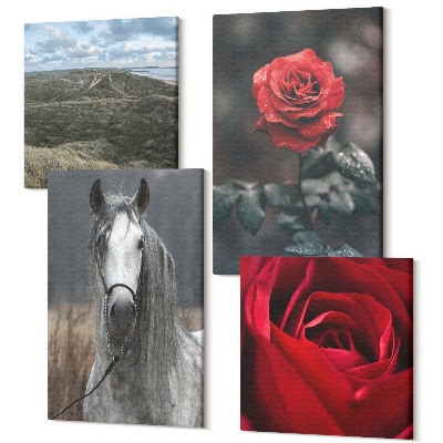 Tablouri canvas set 4 piese Trandafiri roșii și un cal într-un decor gri