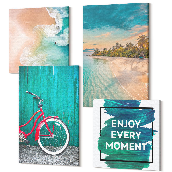 Tablouri multicanvas 4 piese Vedere la mare cu inscripție inspirațională pentru bicicletă cu barca