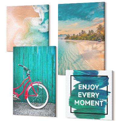 Tablouri multicanvas 4 piese Vedere la mare cu inscripție inspirațională pentru bicicletă cu barca