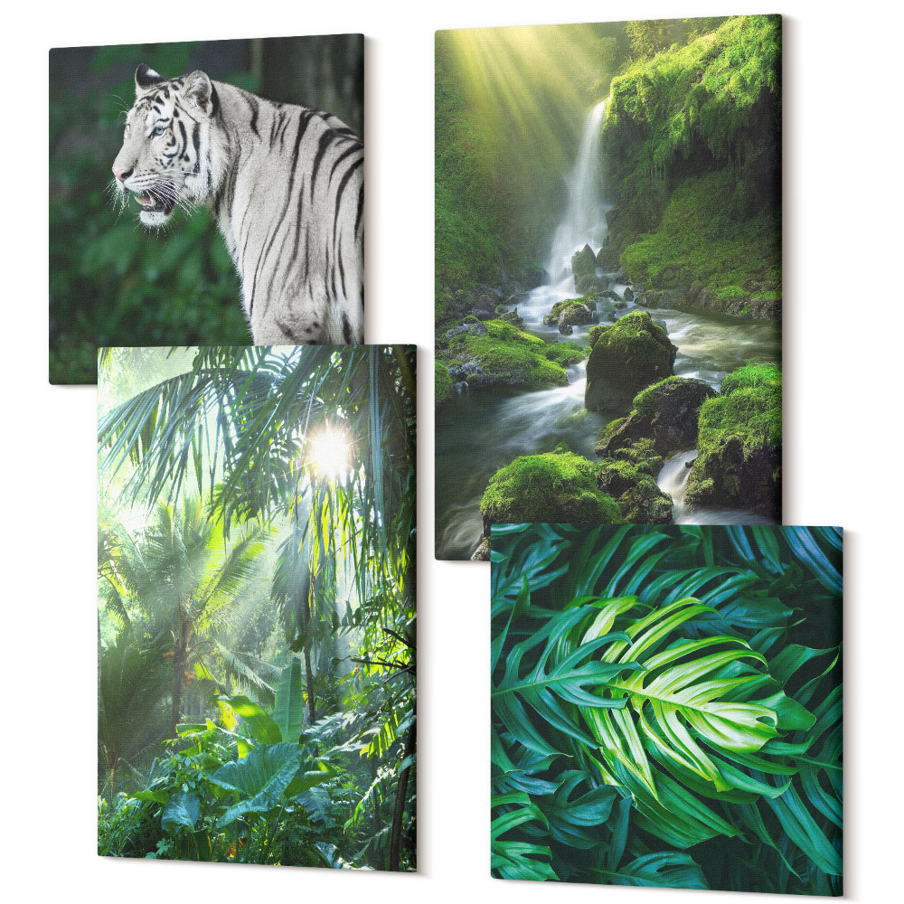 Tablouri canvas set 4 piese Junglă cu un tigru alb și o cascadă sălbatică