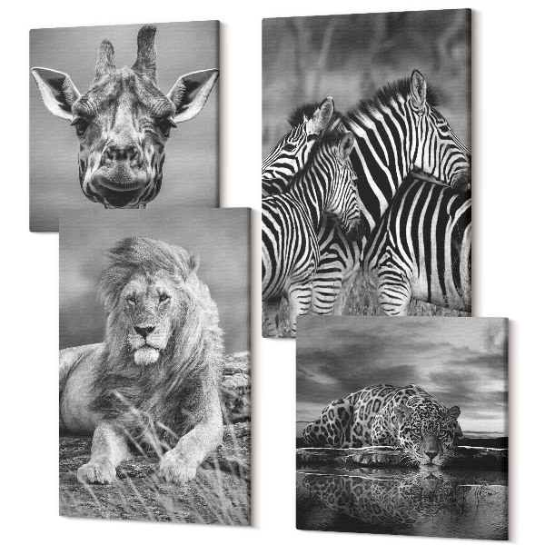 Tablouri canvas set 4 piese Animale sălbatice leu jaguar girafă și zebre