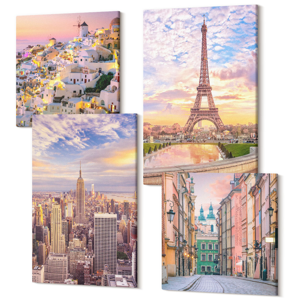Tablouri multicanvas 4 piese New York Paris Oia Varșovia la apus