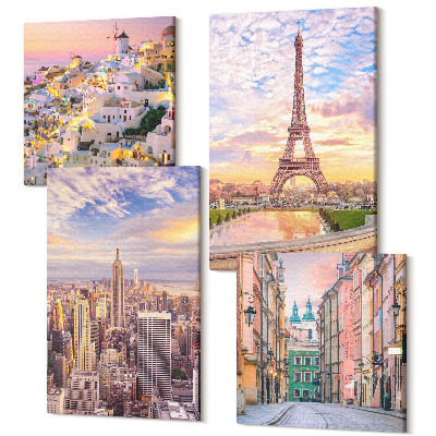 Tablouri multicanvas 4 piese New York Paris Oia Varșovia la apus
