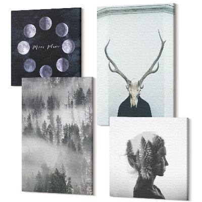 Tablouri canvas set 4 piese Pădure ceață fazele lunii căprior femeie craniu