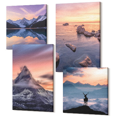 Tablou 4 piese Peisaje munți lacuri căprioare și apus