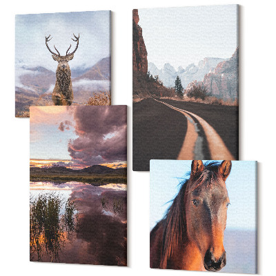 Tablouri canvas set 4 piese Peisaje montane cu reni, cal si drum